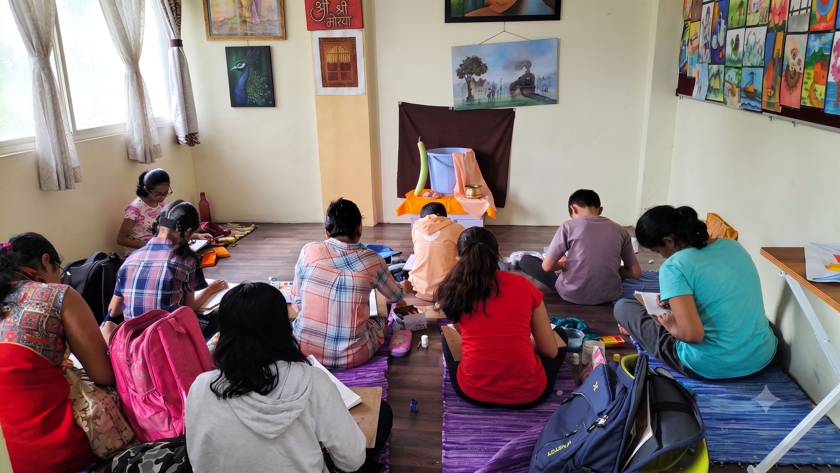 Students practicing for Elementary and Intermediate Grade Drawing Exams at Shradha's Creative Hobby Classes in Hadapsar, Pune.