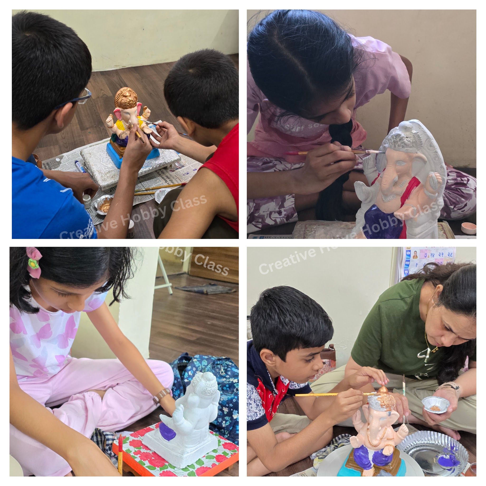 Children painting Ganapati idols during an art workshop at Shradha’s Creative Hobby Classes in Hadapsar Pune
