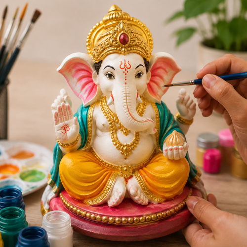Hand painting Ganapati idol during colouring workshop in Hadapsar Pune at Shraddha’s Creative Hobby Classes